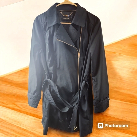 T.M. Lewin Black Trench Coat Asymmetrical Zip Belted Long Sleeve Very Rare S/O - Picture 3 of 12